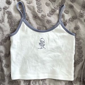 Brandy Melville Skylar Embroidered Flower Boy White Tank Top